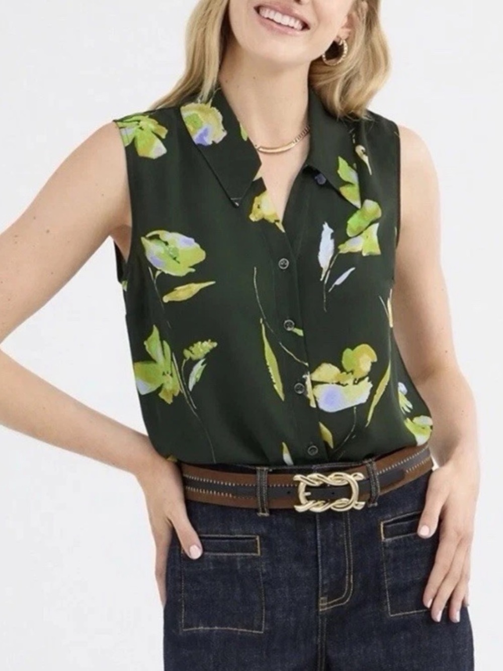 CAbi Women's Placid Button Sleeveless Top Multicolor Floral Size M #4740 Green - Picture 12 of 12